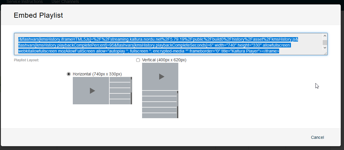 Html-koodi. Soittolistan voi asettaa, joko vaaka- tai pystysuuntaiseksi.