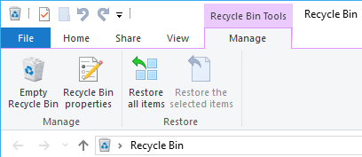 Recycle Bin Tools. välilehdellä oleva Restore all items -painike.