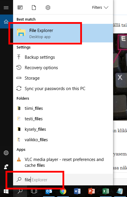 File Explorer Windowsin hakukentässä.
