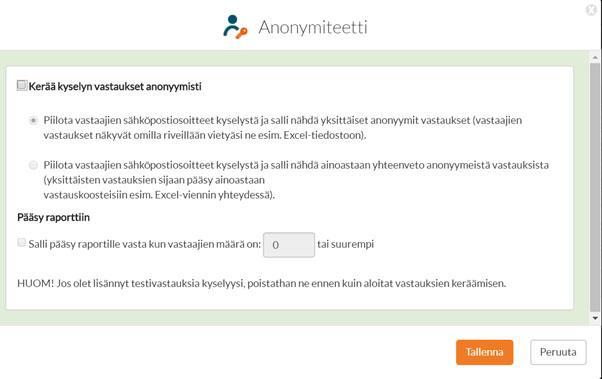 Kyselyn anonymiteetti-asetukset.