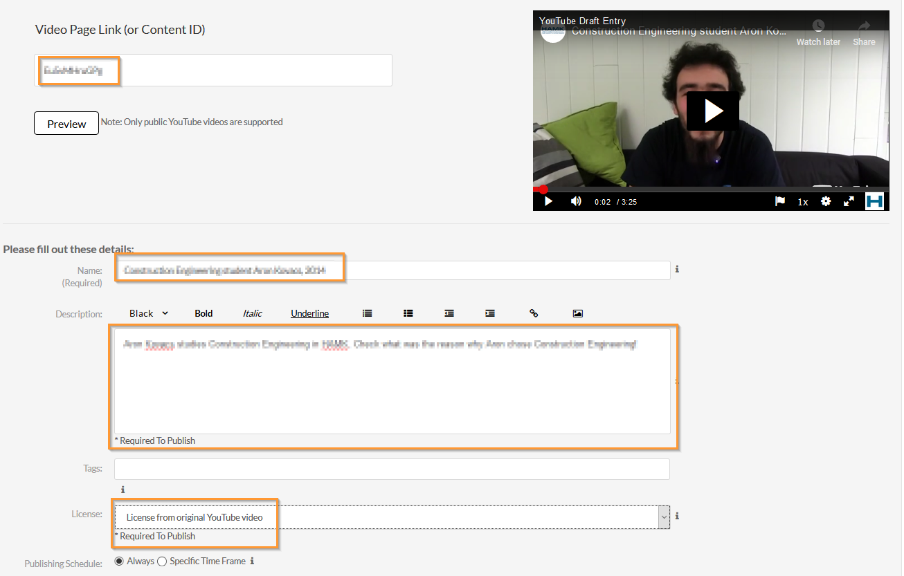 YouTube video and its data preview in Kaltura.