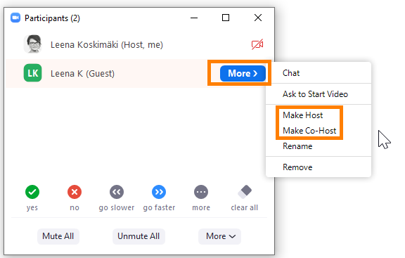 Participants välilehden More-painikkeen alla olevat Make Host ja Make Co-Host -painikkeet.