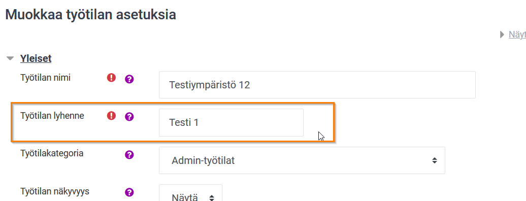 Moodle kurssin asetukset lyhenne