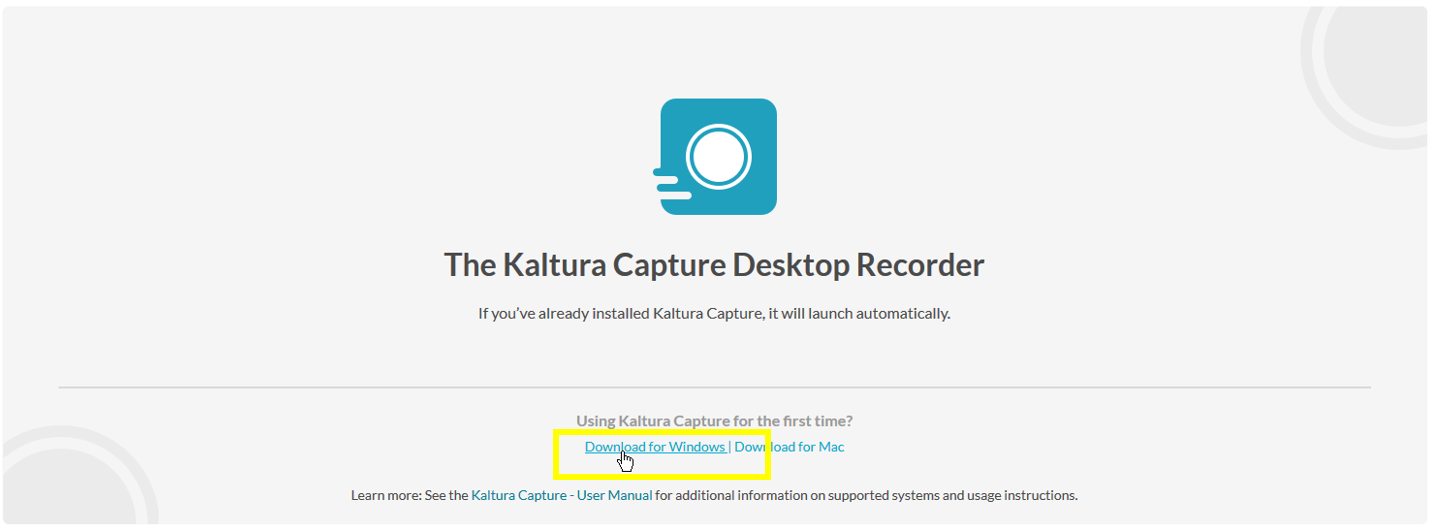 Download for Windows -linkki, jolla ladataan Kaltura Capture Desktop Recorder.