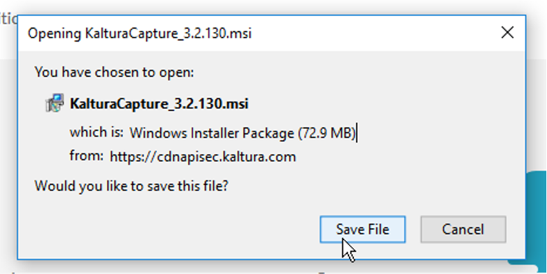 Save File button to download the Kaltura Capture file to the computer.