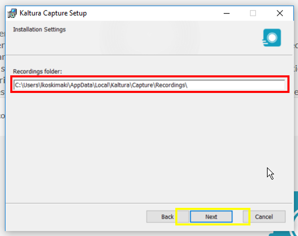 A field in Kaltura Capture Setup where you set the storage location for the recordings. There is a Next button at the bottom of the window.