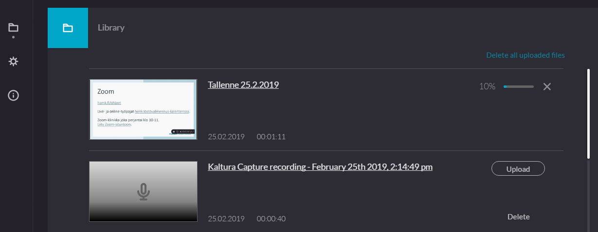 Caltura Capture Library, jossa näkyy tallenteet.