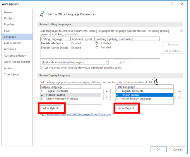 Display Language ja Help Language asetettu suomeksi. Molempien asetusten alla on Set as Default -painike.