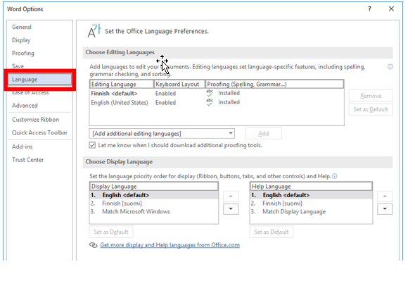 Word Options näkymän Language-välilehti.