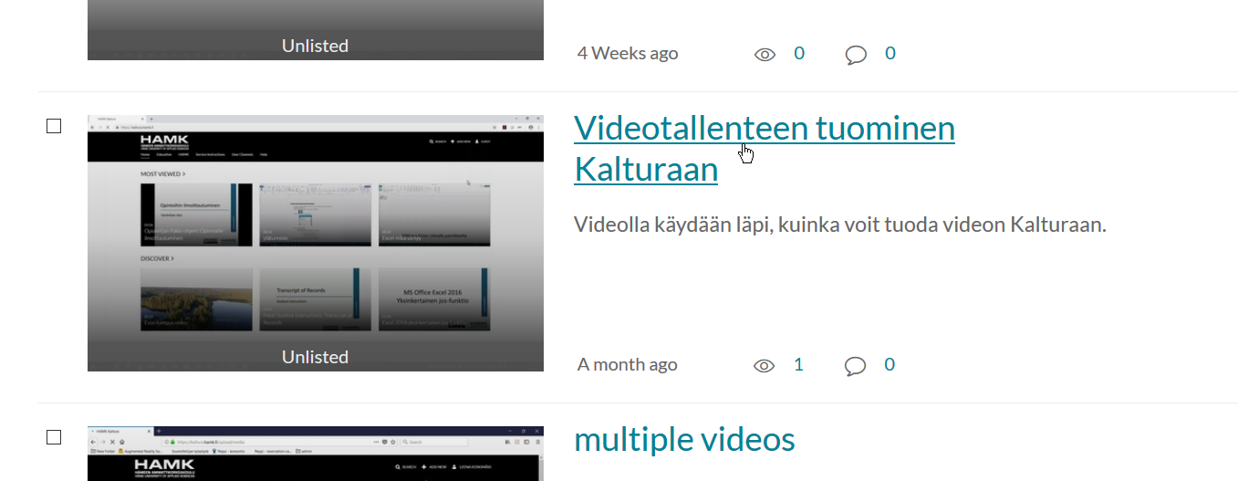 Kaltura My media -listaus videoista