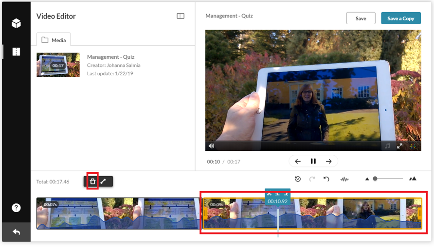 Kaltura video editor and removing part of the video from the timeline.