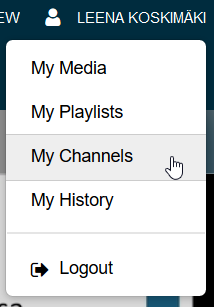 Kaltura, oman nimen alta löytyvä My Channels -painike.