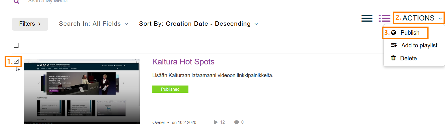 The Kaltura video is selected and there is a Publish button under the Actions button.