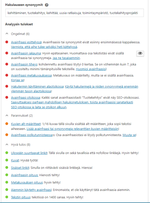 Analyysin tulokset -kohta Yoast SEO -lisäosassa.