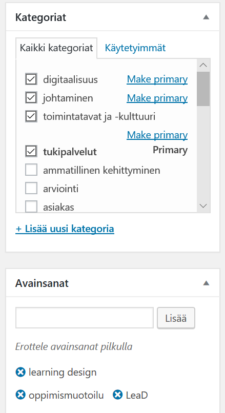 kategoriat ja avainsanat.