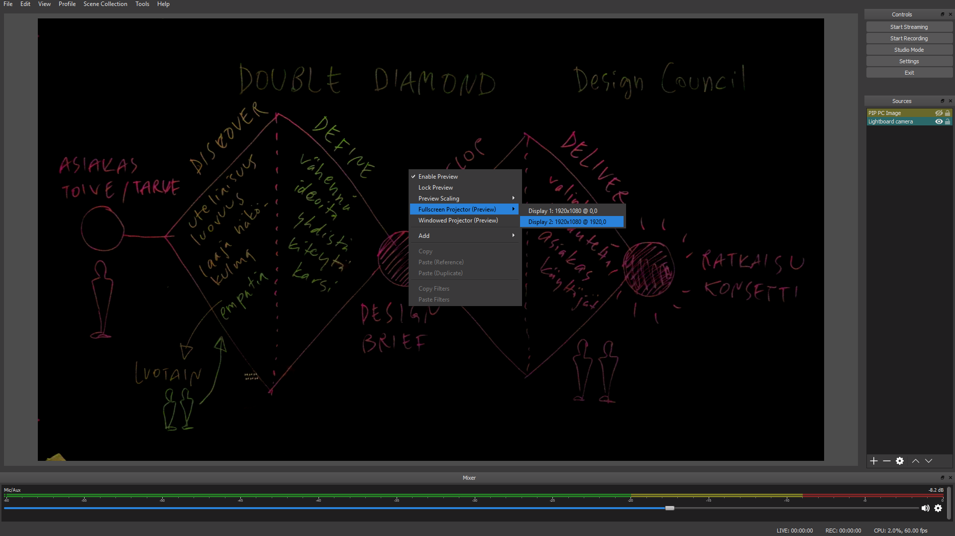 Lightboard ja sen Fullscreen Projector -asetus.