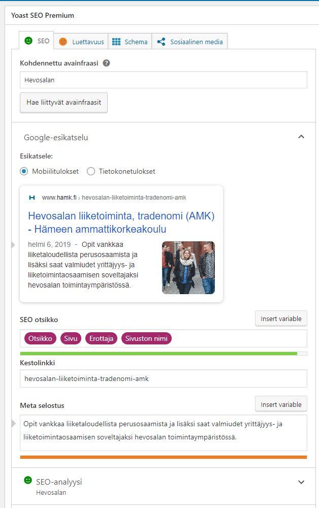 Yoast Seo Premium -lisäosan muokkausnäkymä.