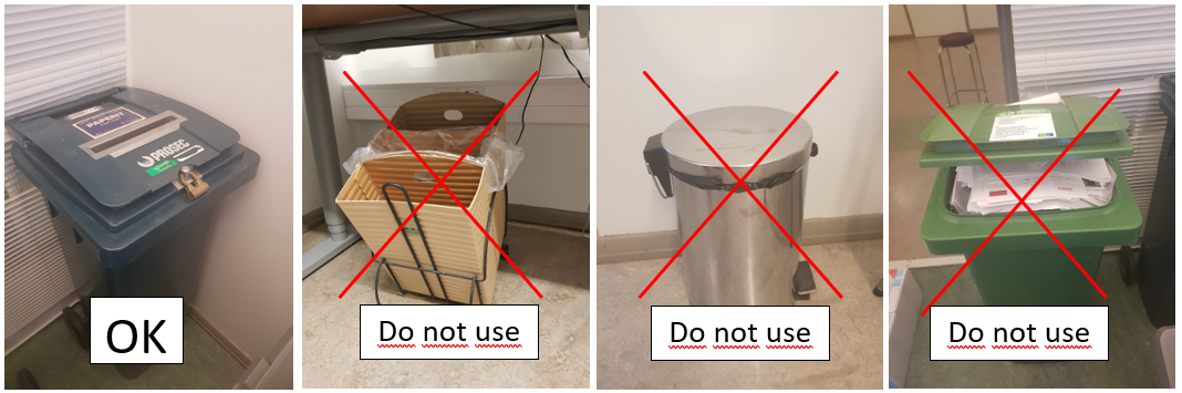 Different types of bins. The data security bin is labeled as OK and all the other bins are labeled as do not use.