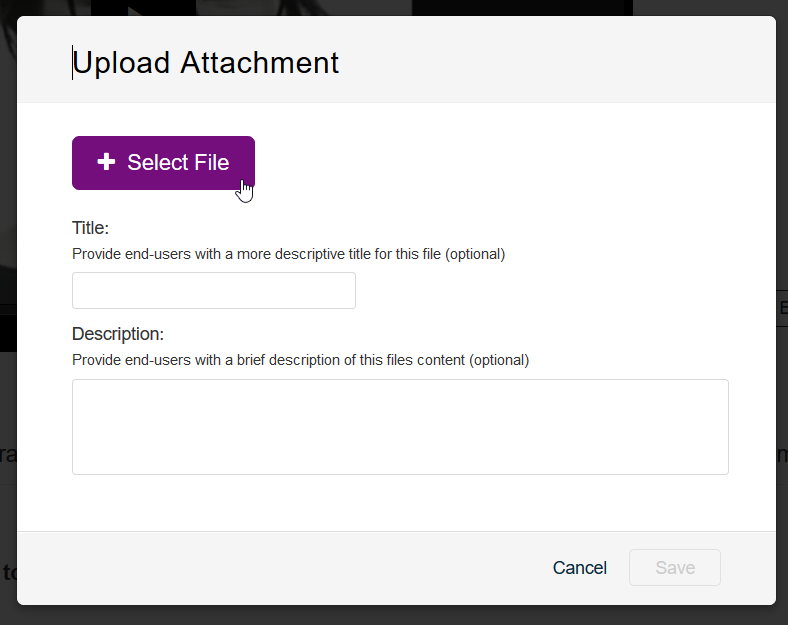 Upload Attachment näkymässä oleva Select File -painike.