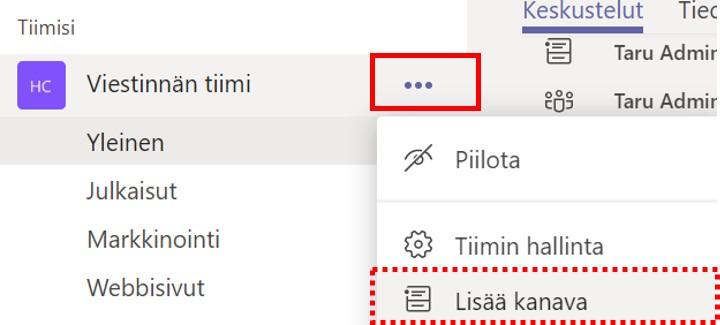 Valikko kanavan lisäämiseksi Teamsissa.