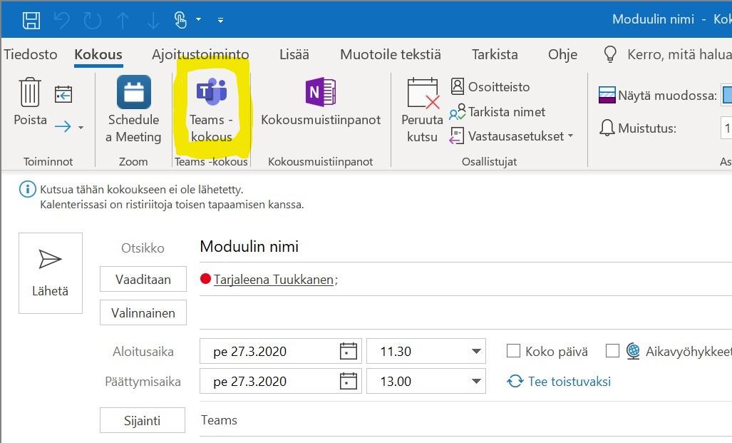 Outlook, Teams-kokous -painike.