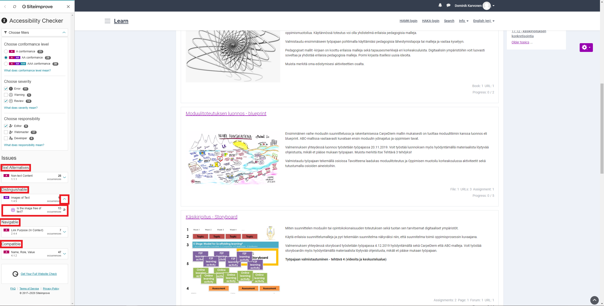 Accessibility Checker käytössä Moodle-sivulla. Issues kohdassa näkyy virheitä.