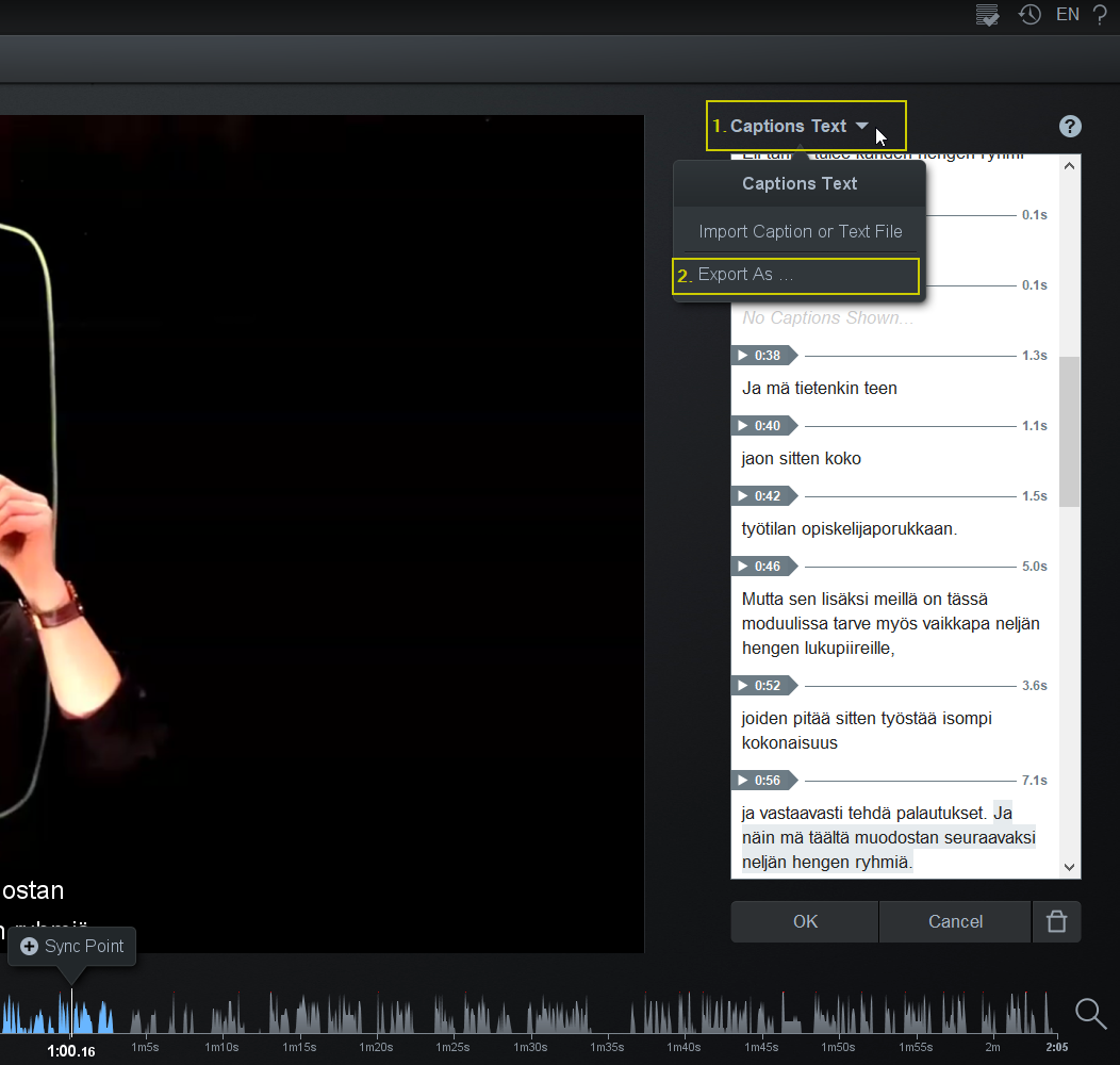 Captions Text -painikkeen alla oleva Export As -painike.