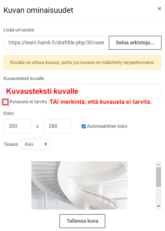 Kuvaustekstikenttä ja ruksi, jos tuvausta ei tarvita.