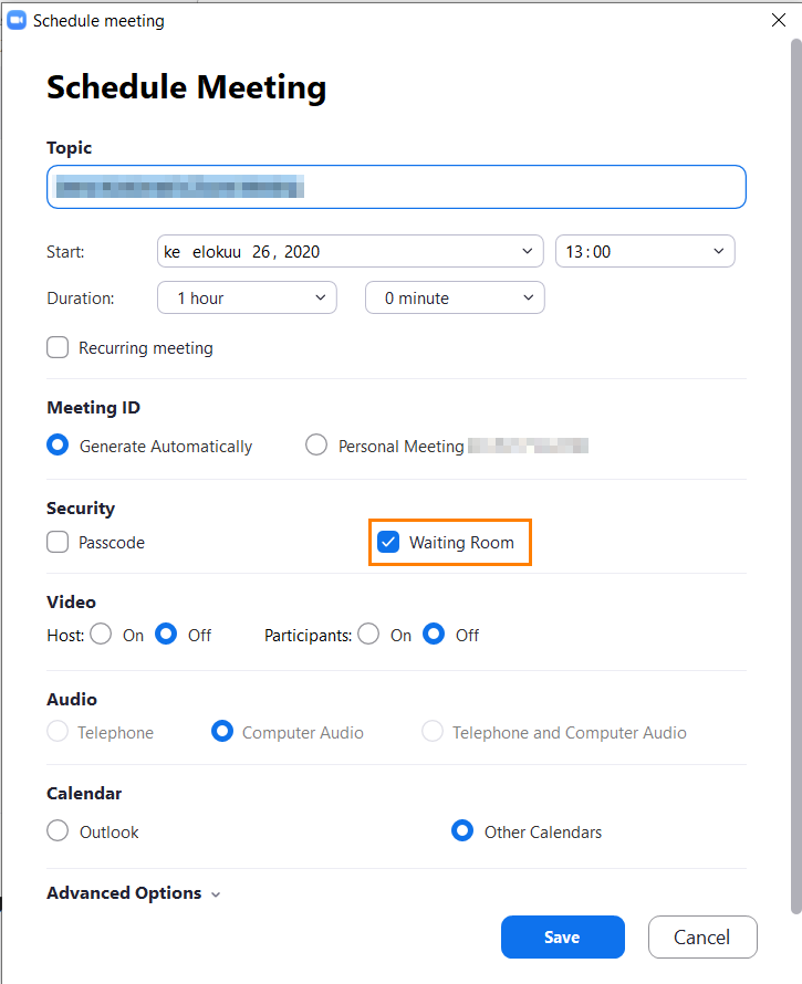 Chedule a meeting -näkymän Security kohdassa on Waiting Room -laatikko.