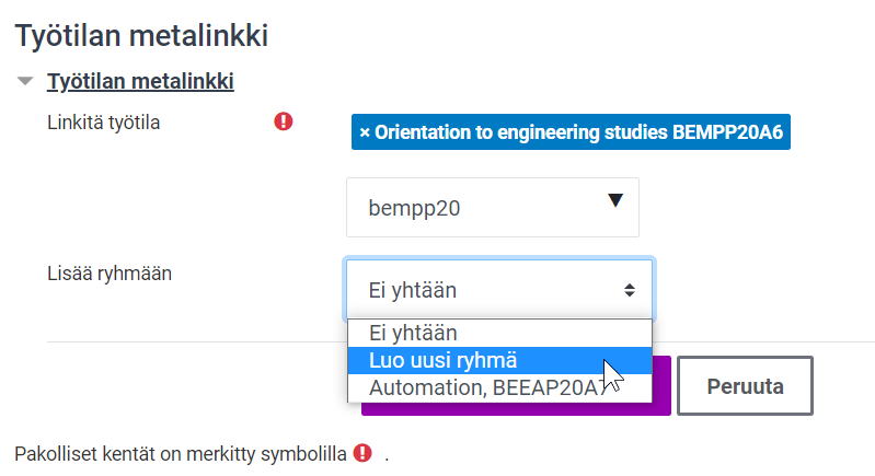 Työtilan metalinkki -näkymän lisää ryhmään-valikko, jossa on Luo uusi ryhmä -painike.