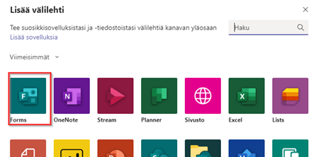 "Lisää välilehti" -näkymässä oleva Forms-painike.