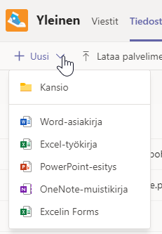 Teams kanavan "Tiedostot" -välilehden Uusi-painike.