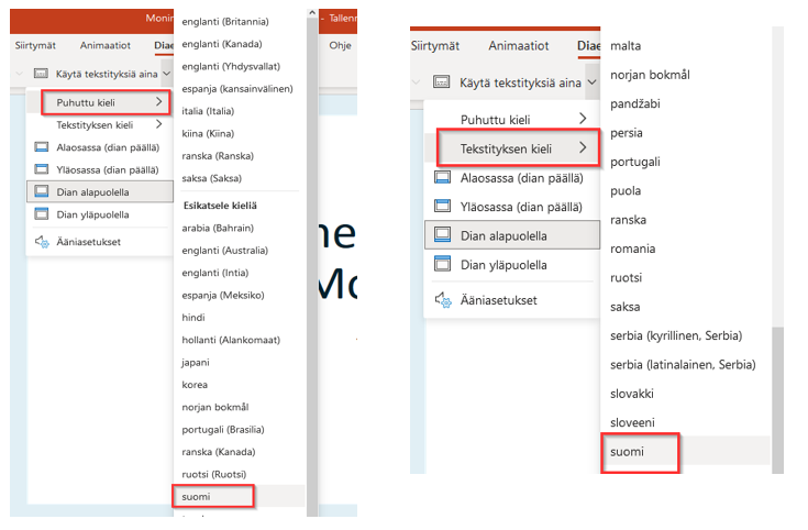 Puhutun ja tekstitettävän kielen valinta