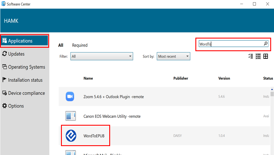 WordToEPUB sovellus löytyy Software Centeristä Applications välilehdeltä.