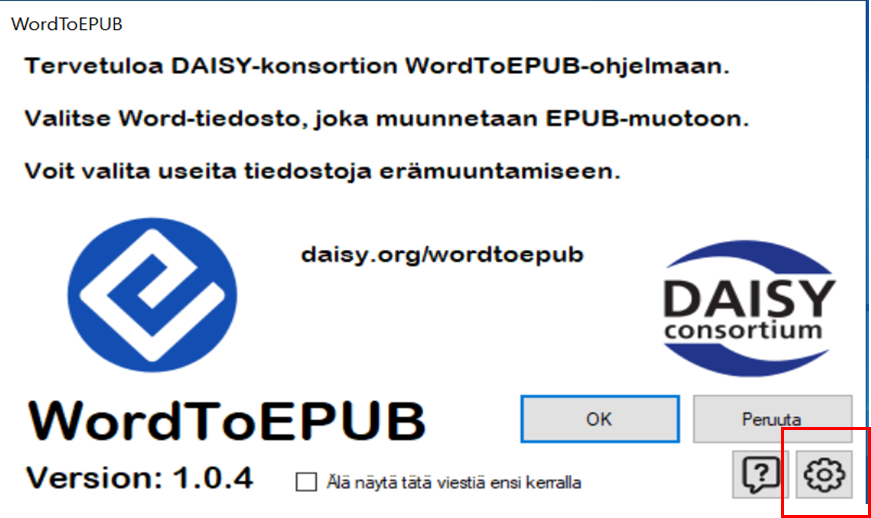 WordToEPUB-ohjelman asetukset löytyvät ratas-kuvakkeen takaa, joka sijaitsee ohjelmaikkunan oikeassa alakulmassa.