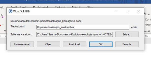 WordToEPUB asetuksista tiedostonimen ja tellennuskansion muuttaminen.