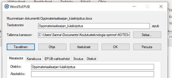 Muita lisäasetuksia kuten metatiedot WordTo EPUB ohjelmassa.
