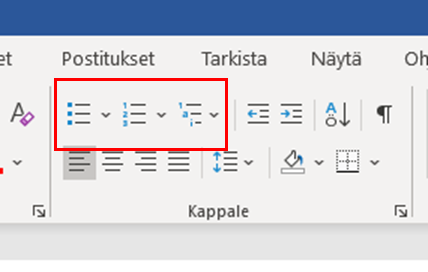 Luettelomerkkien valintapainikkeet Word-tekstinkäsittelyohjelmassa.