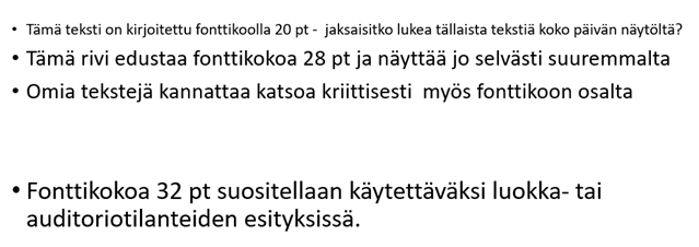 Eri kokoisilla fonteilla kirjoitettuja tekstejä.