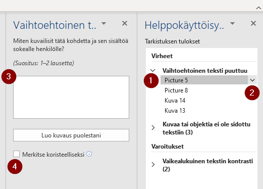 Helppokäyttöisyystyökalunäkymä, jossa voi lisätä vaihtoehtoisen kuvauksen kuvalle. 