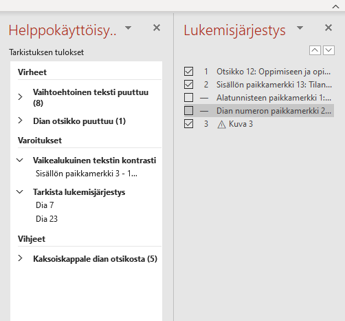 Helppokäyttöisyystyökalun avulla voi lisätä kuvaan alt-tekstin sekä katsoa muut dokumentin saavutettavuusongelmat.