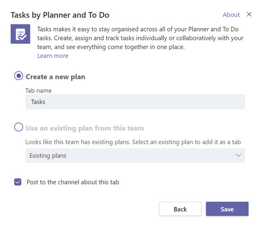 The selection buttons where you can choose if you want to create a new plan or use an existing plan from the team.