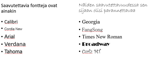 Listattuna saavutettavia ja hieman huononpia fonttivaihtoehtoja.