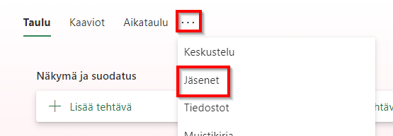 Jäsenet -valikko avautuu yläreunassa olevien kolmen pisteen takaa.