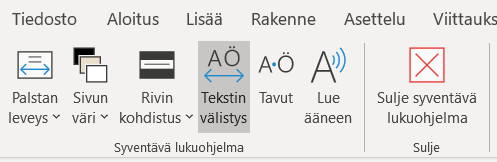 Syventävän lukuohjelman valikko sisältää vaihtoehdot: palstan leveys, sivun väri, rivin kohdistus, tekstin välistys, tavut, lue ääneen ja sulje syventävä lukuohjelma.