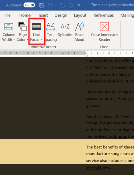 Line focus button in the middle of the Immersive Reader ribbon.
