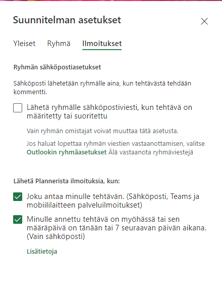 Suunnitelman asetuksista löytyvät välilehdet Yleiset, Ryhmä ja Ilmoitukset -asetuksista.