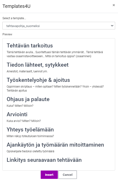 Templates - tehtäväpohja suomeksi