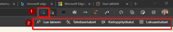 Edge-selaimen otsikkorivin lopussa kuvake, josta siirrytään lukuohjelmaan sekä siitä avautuvat valikot.