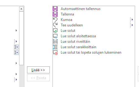 Valittujen komentojen siirtäminen pikatyökaluriville